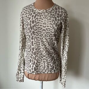 Brodie Fine Cashmere Gray Ivory Leopard Print Pullover Crew Neck Sweater EUC S